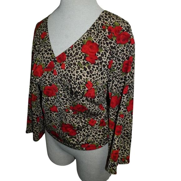No Boundaries Leopard Print Red Rose Long Sleeve Stretch Top Juniors M - Picture 4 of 8